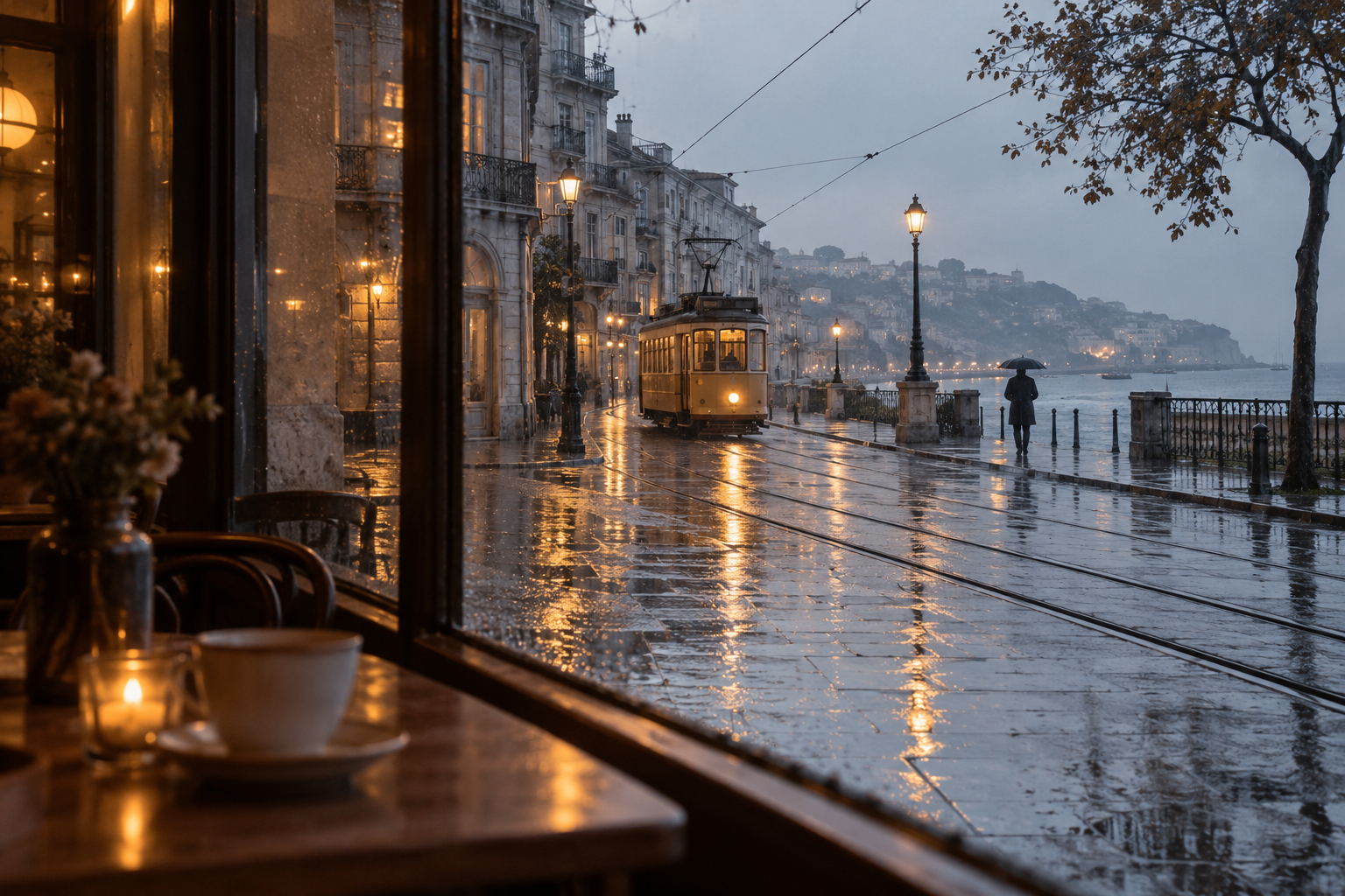 Reflections on a rainy city street